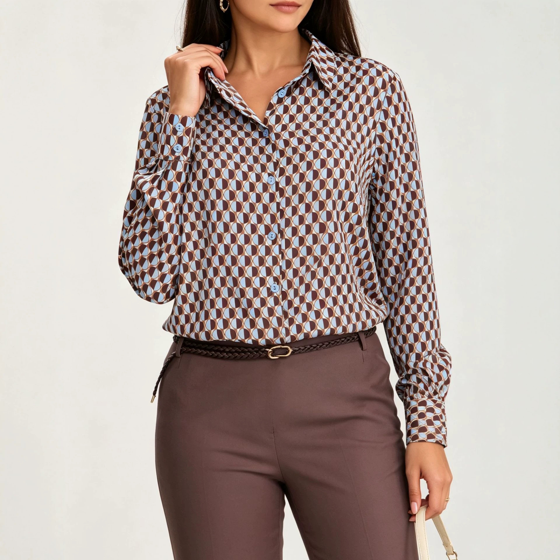 Women's Button-Front Collared Long-Sleeve Shirt