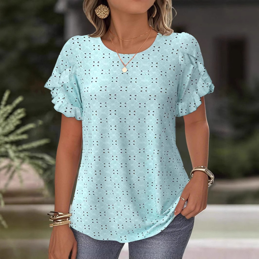 Women's Solid Color Lace Short Sleeve Hollow Out T-Shirt Casual Top