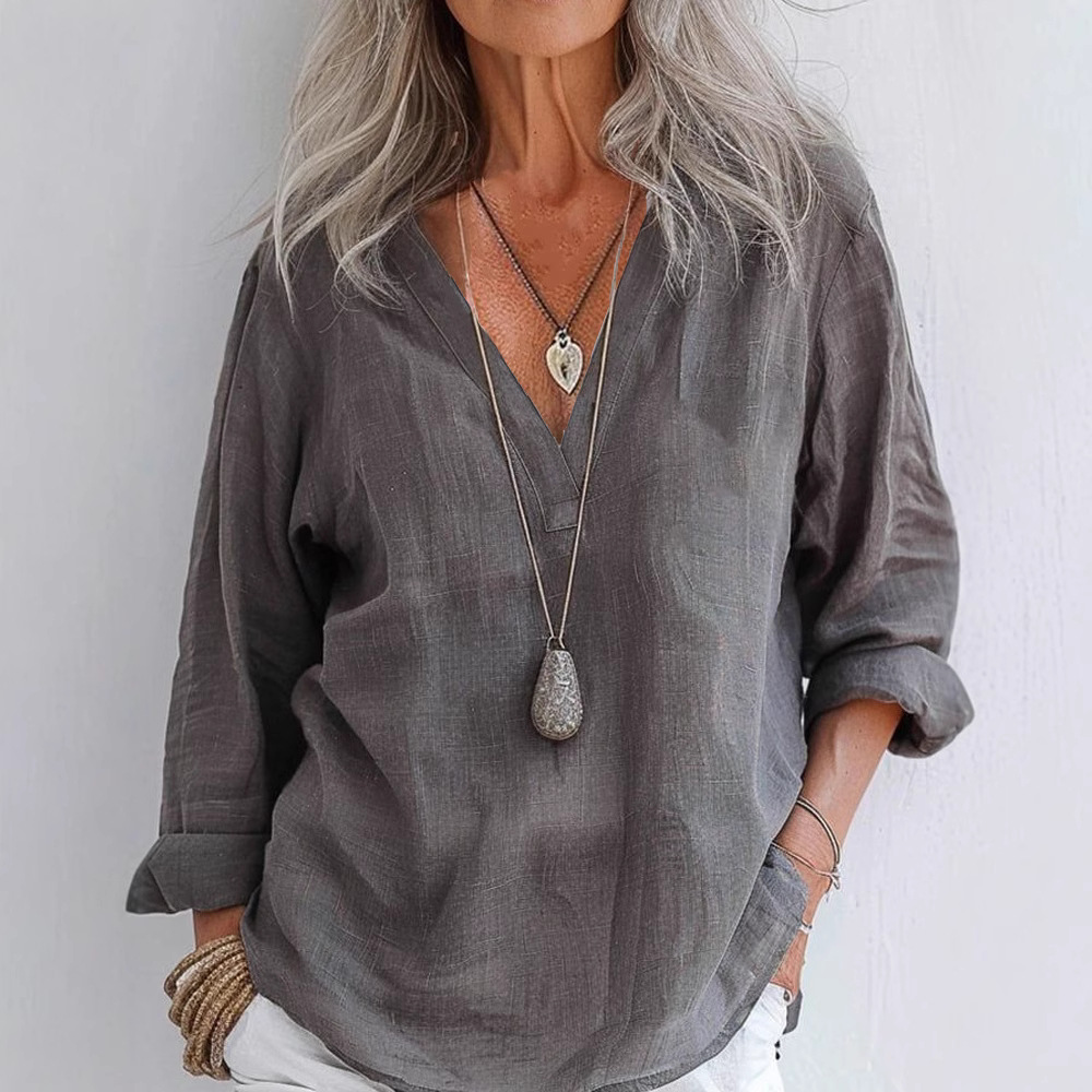 Women's Casual Loose Long Sleeve Cotton Linen Solid V-Neck Pullover Shirt