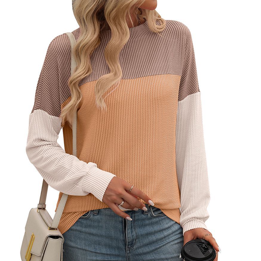 Women's Color-Block Twist-Stripe Crewneck Long-Sleeve Loose T-Shirt