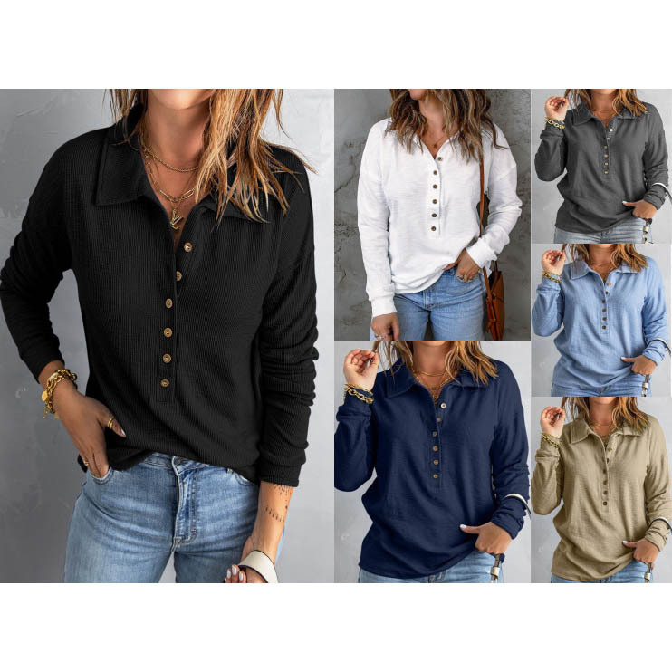 Women's Solid Knit Single-Breasted Collared Long-Sleeve Loose Casual Top