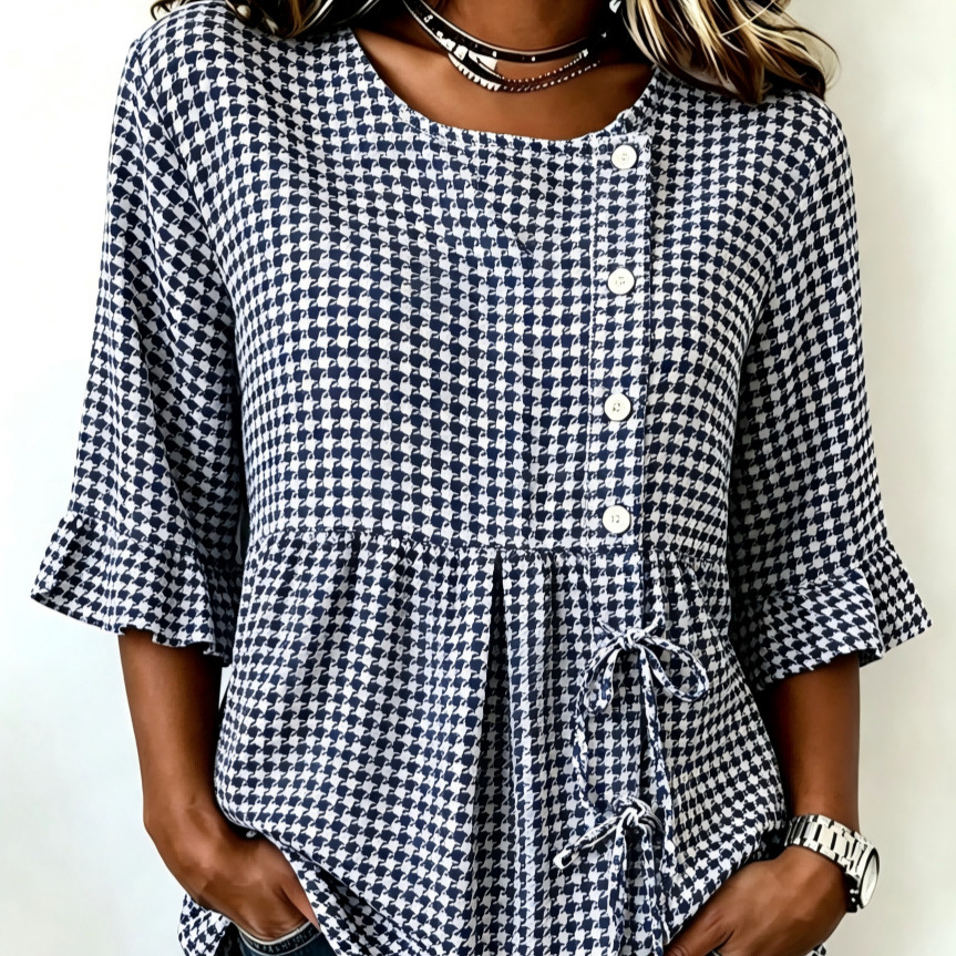Women's Plaid Print Half-Sleeve Shirt with Diagonal Tie