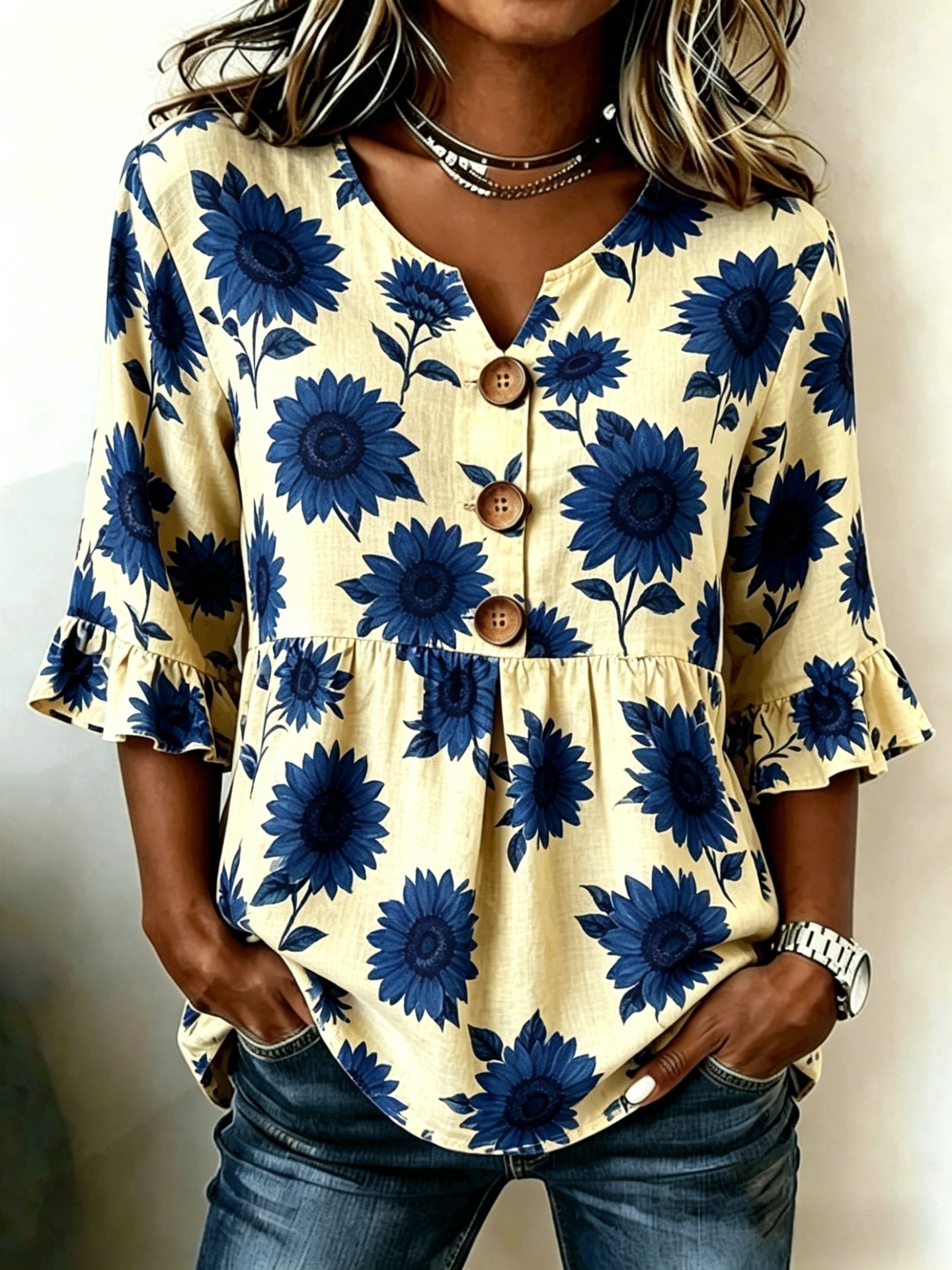 Plaid Floral Print Half-Sleeve Button-Up Top