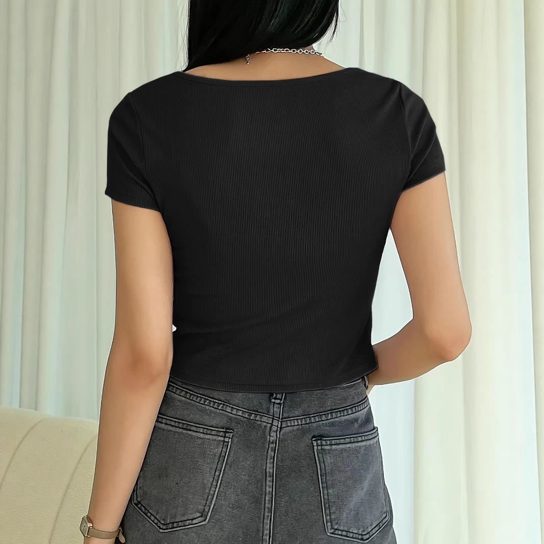 Ribbed Knit Slim Fit Short Sleeve Deep U-Neck Women's T-Shirt