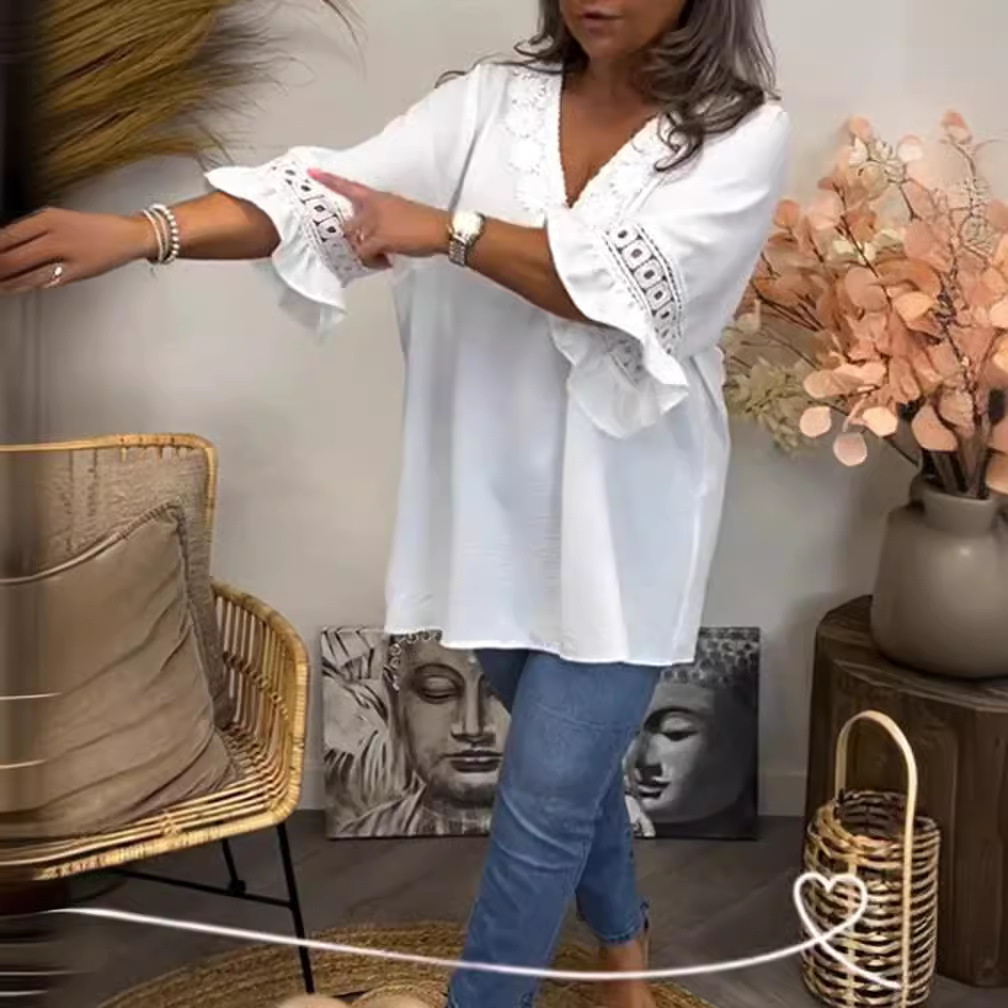 Women's V-Neck Bell Sleeve Lace Top