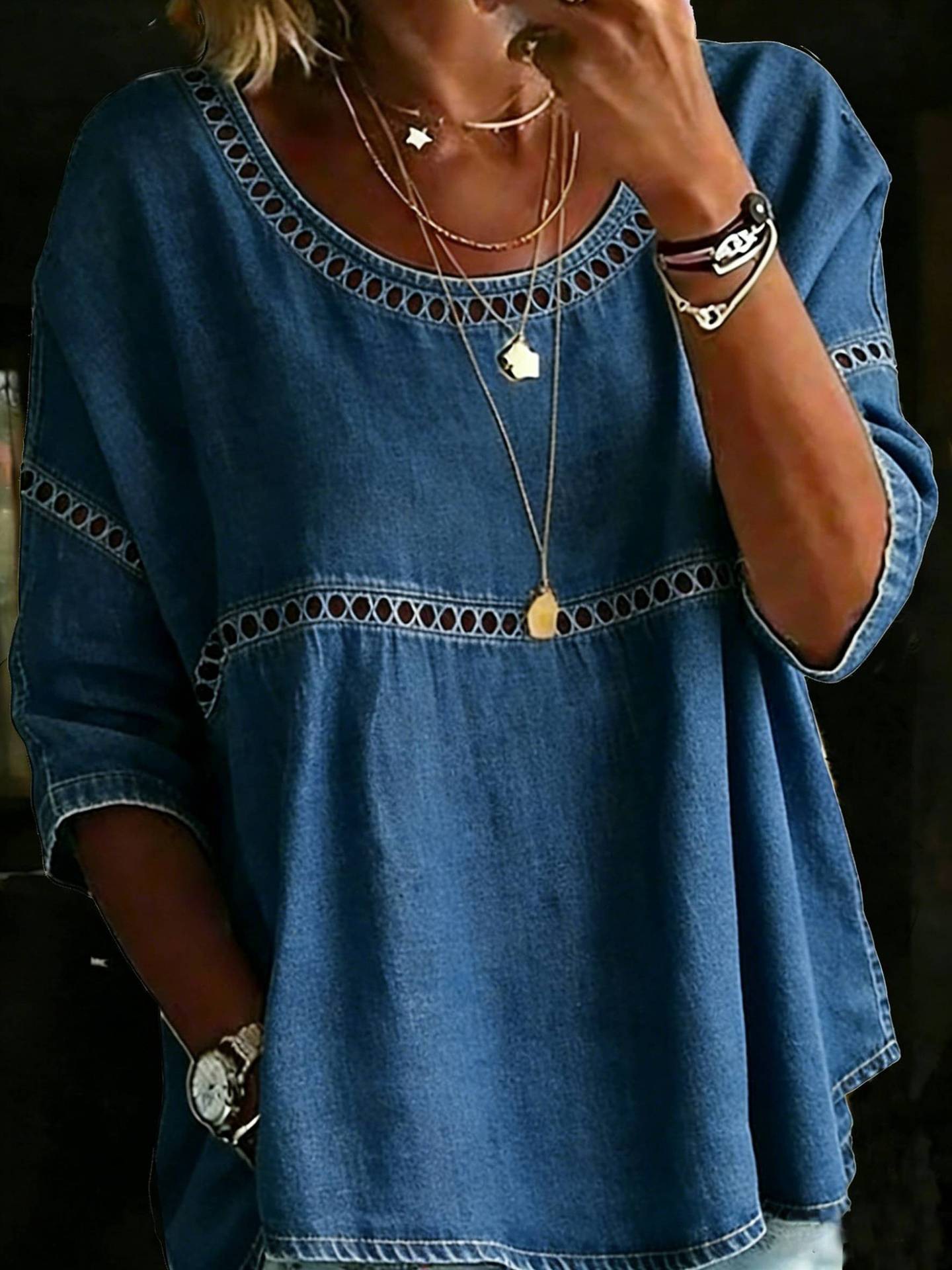 Women's Spring Summer Hollow-Out Denim Crewneck Top