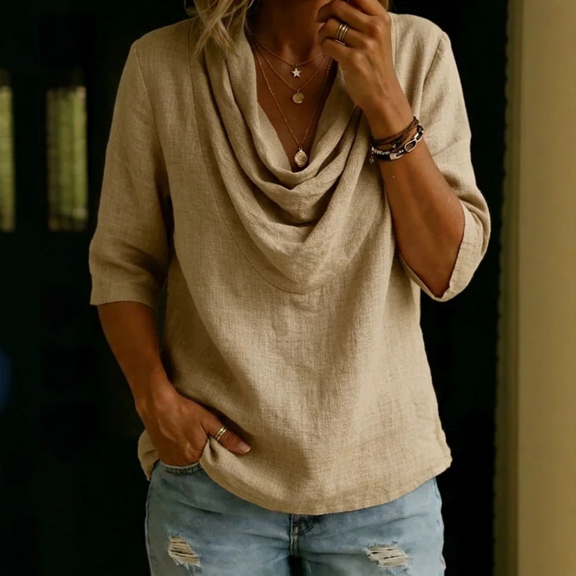 Women's Cotton-Linen Cowl Neck 3/4 Sleeve Blouse Summer Loose Pleated Shirt