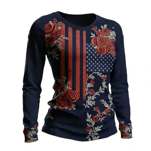 Women's American Flag Striped Rose Print Long Sleeve Top
