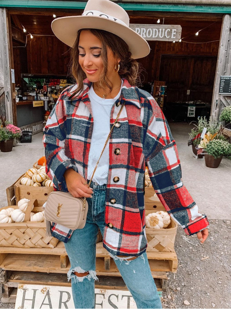 Women's Plaid Button-Front Collared Long Sleeve Loose Mid-Length Shirt Jacket