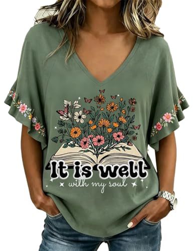 Floral Book Print V-Neck Short Sleeve Women's T-Shirt