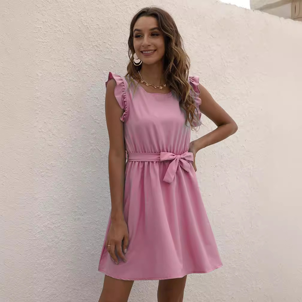 Women's Summer Solid Color Round Neck Tie-Waist Dress