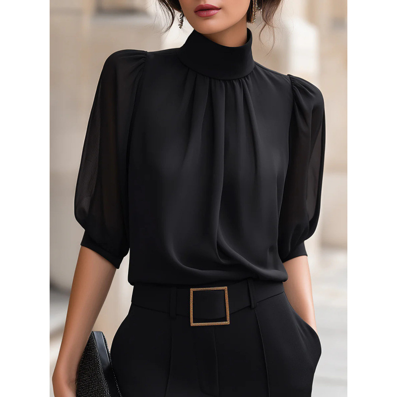 French-Style High-Neck Bubble-Sleeve Blouse for Women