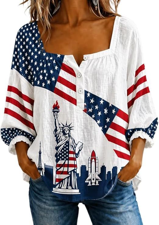 Women's American Flag Star Striped Print Long Sleeve Shirt