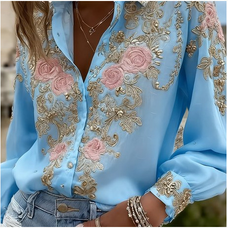 Women's Colorful Floral Print Long Sleeve Button-Up Shirt