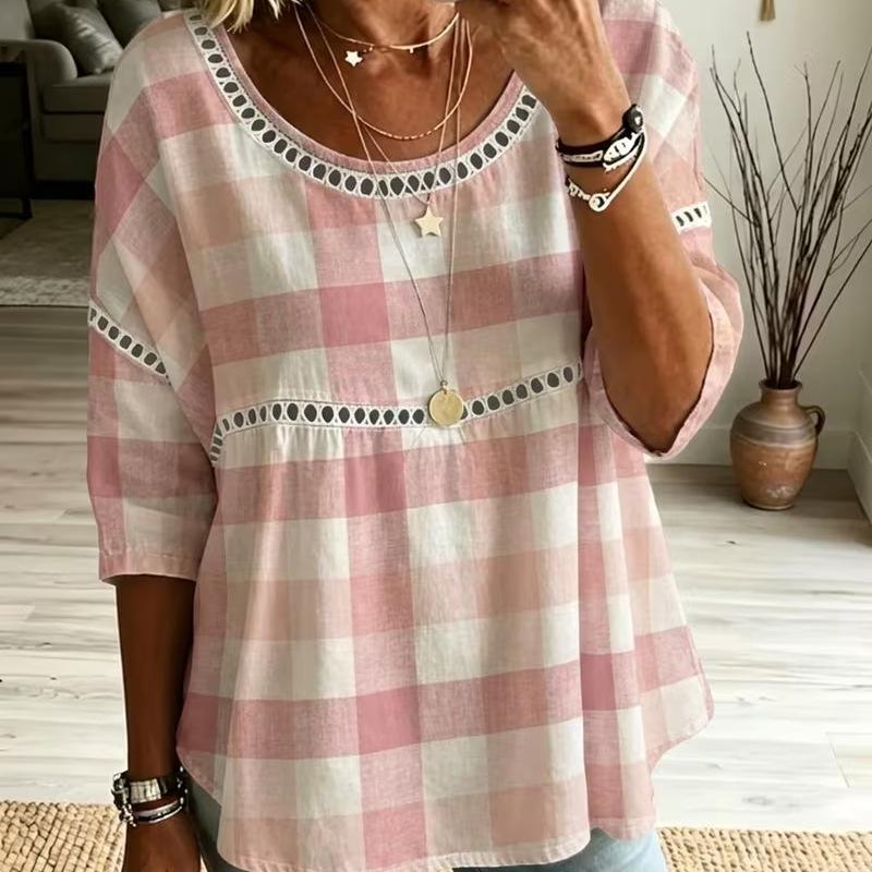 Plaid Floral Star Print Long Sleeve Women's Top