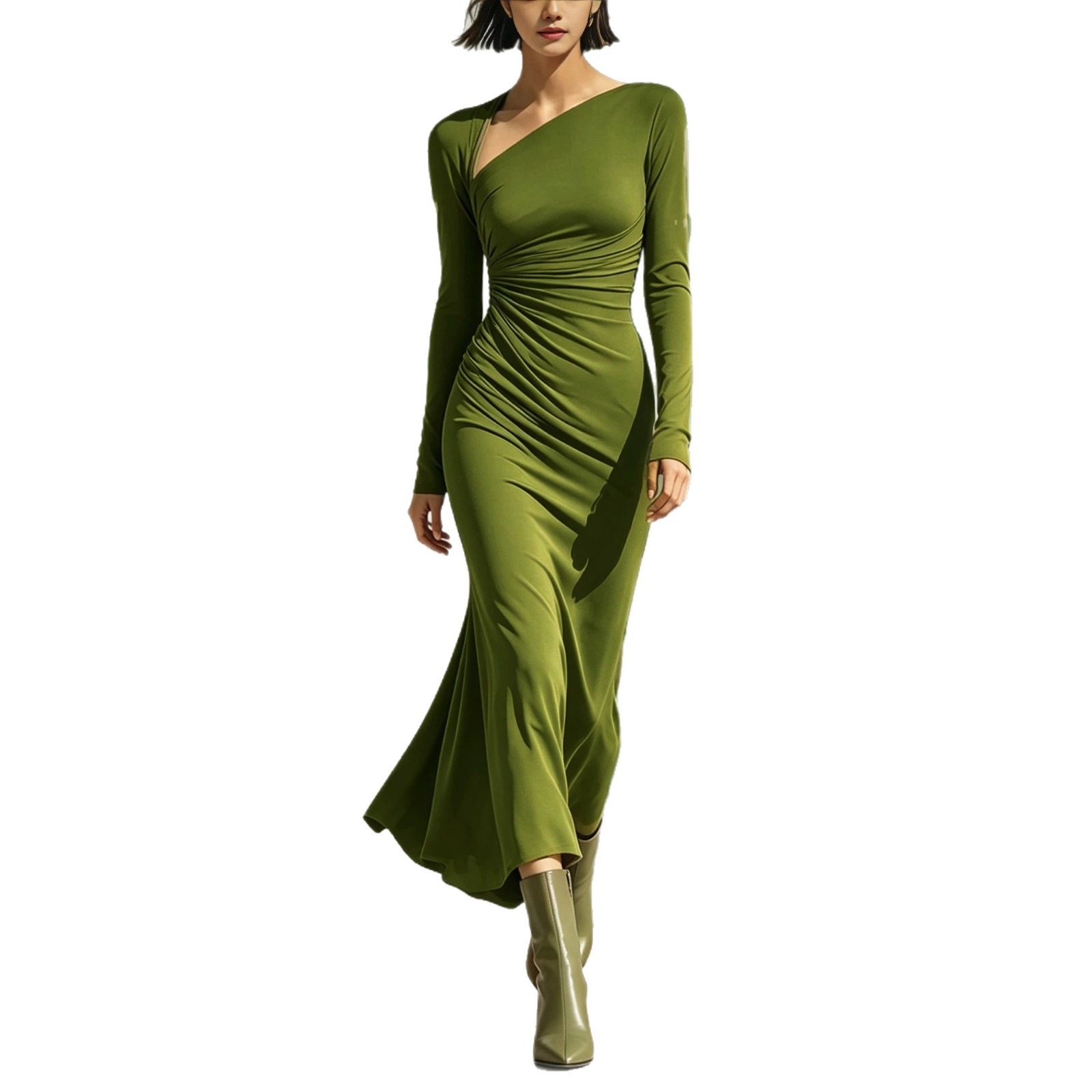 Pleated Solid Long Sleeve Long Dress