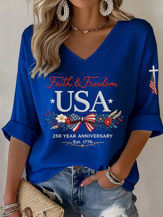 Women's Summer V-Neck 3D Digital Print Ribbed Short Sleeve T-Shirt
