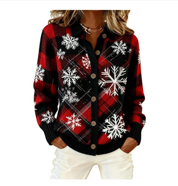 Women's Colorful Santa Print Long Sleeve Button-Front Shirt