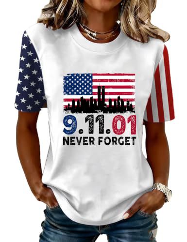 American Flag Twin Towers Print Short Sleeve Women's Top