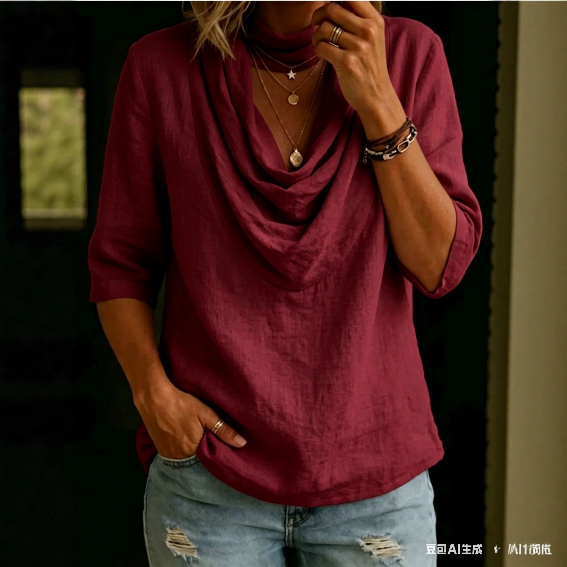 Women's Cotton-Linen Cowl Neck 3/4 Sleeve Blouse Summer Loose Pleated Shirt