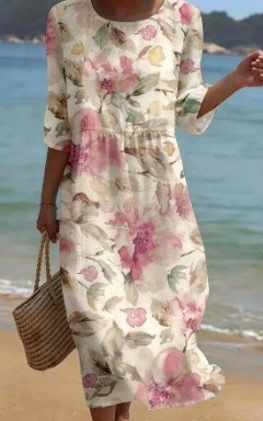 3D Floral Print Long Sleeve A-Line Maxi Dress