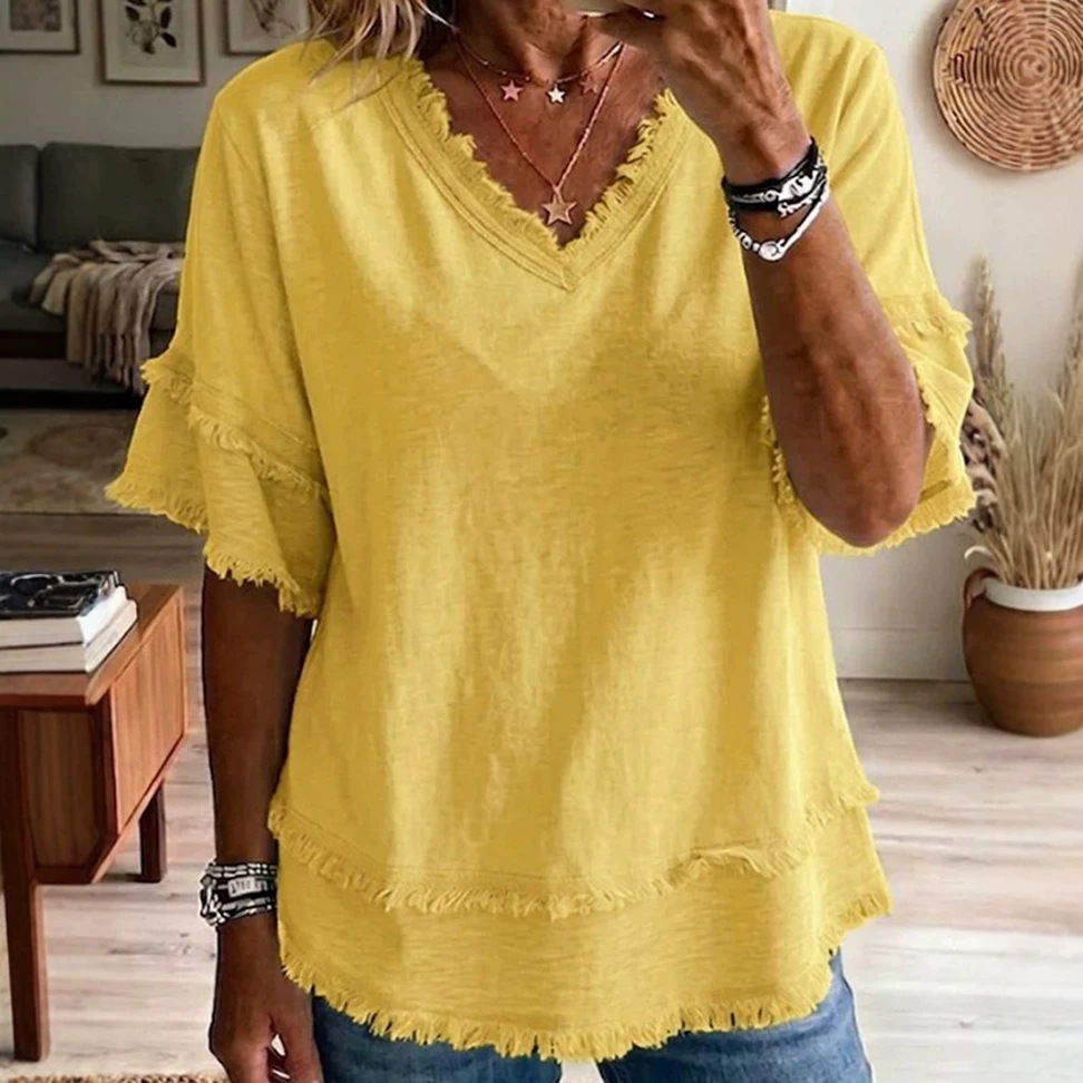 Women's Loose V-Neck Short Sleeve Frayed Trim Patchwork Top