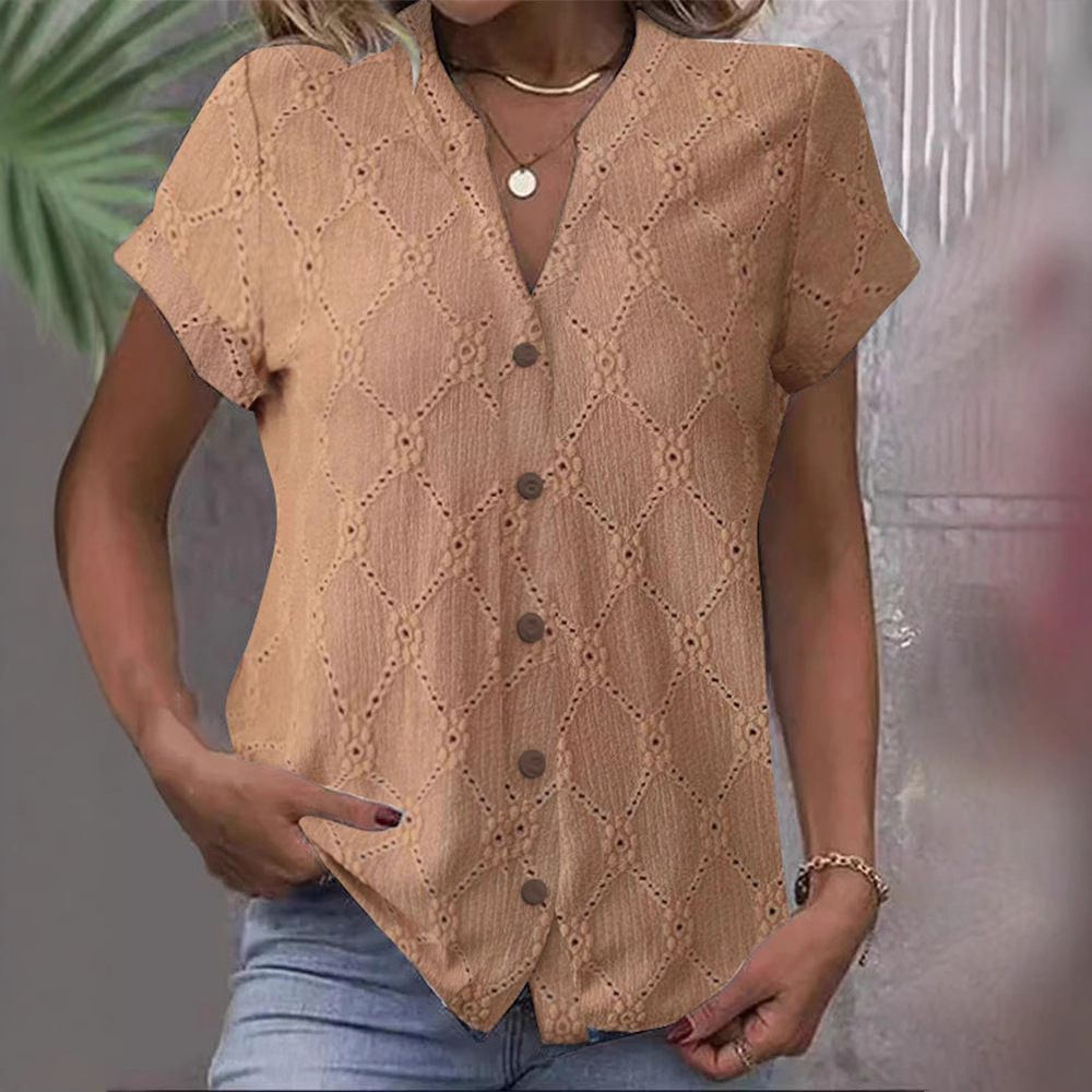 Solid V-Neck Button-Front Loose Hollow-Out Shirt