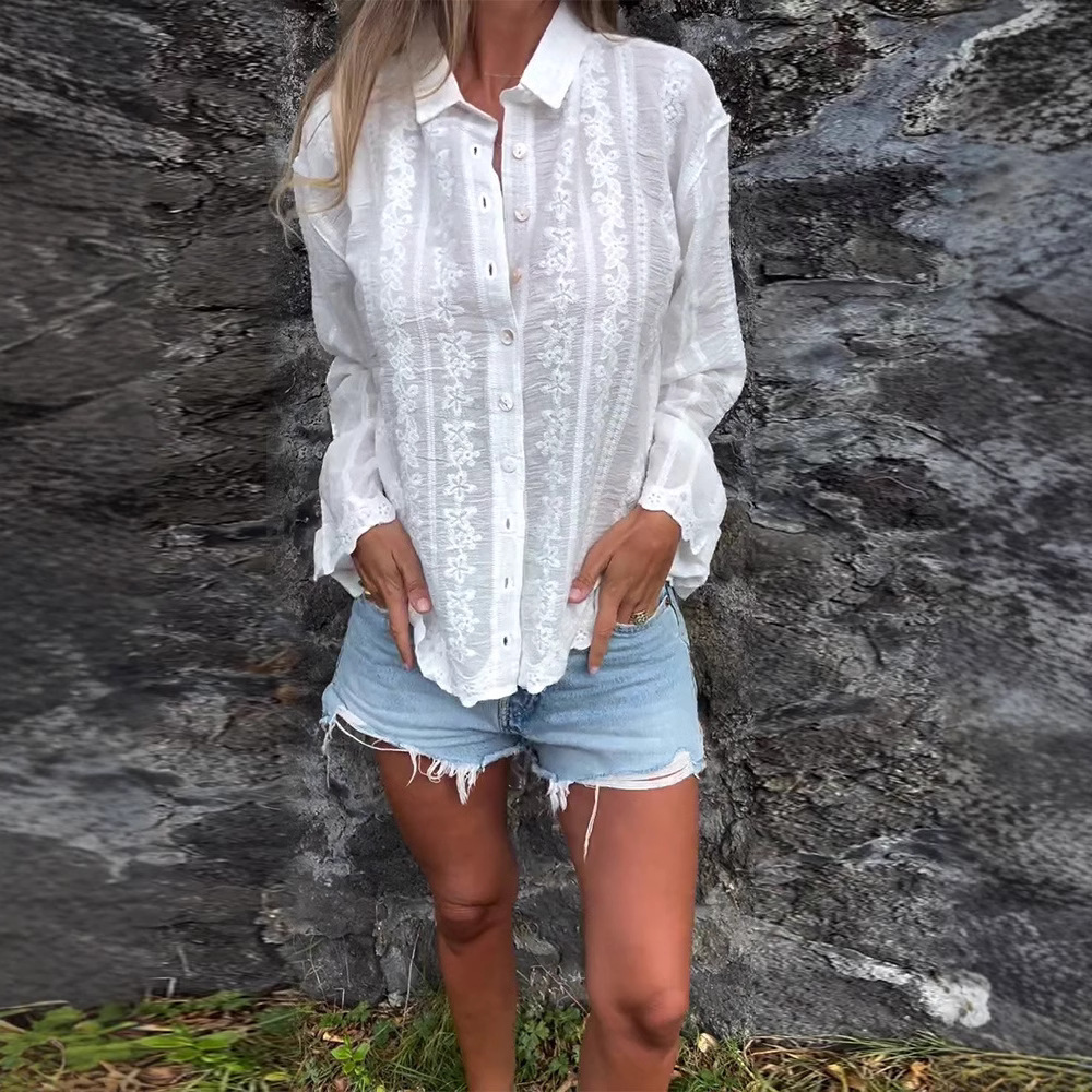 Solid Embroidered Cutout Polo Cardigan Top