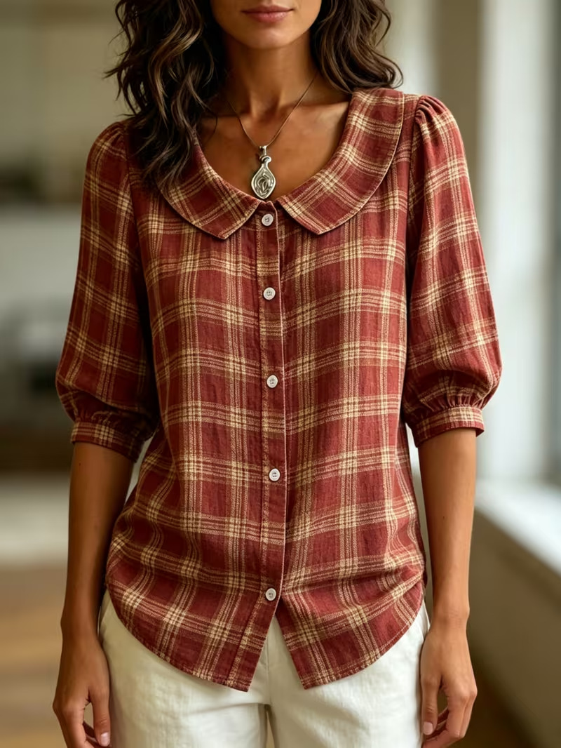 Women's Printed Half-Sleeve Button-Up Collared Blouse