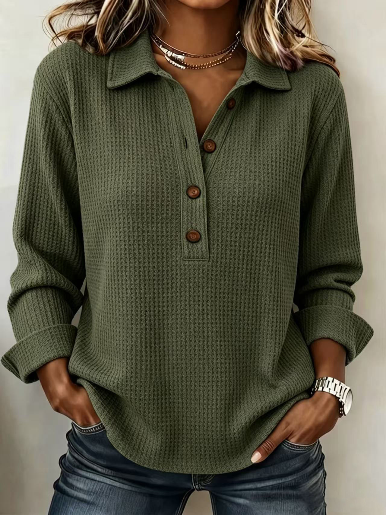 Women's Waffle Knit Collared Button-Up Long Sleeve Top