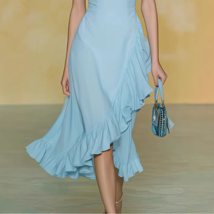 Sleeveless Chiffon Midi Dress with Ruffle Details