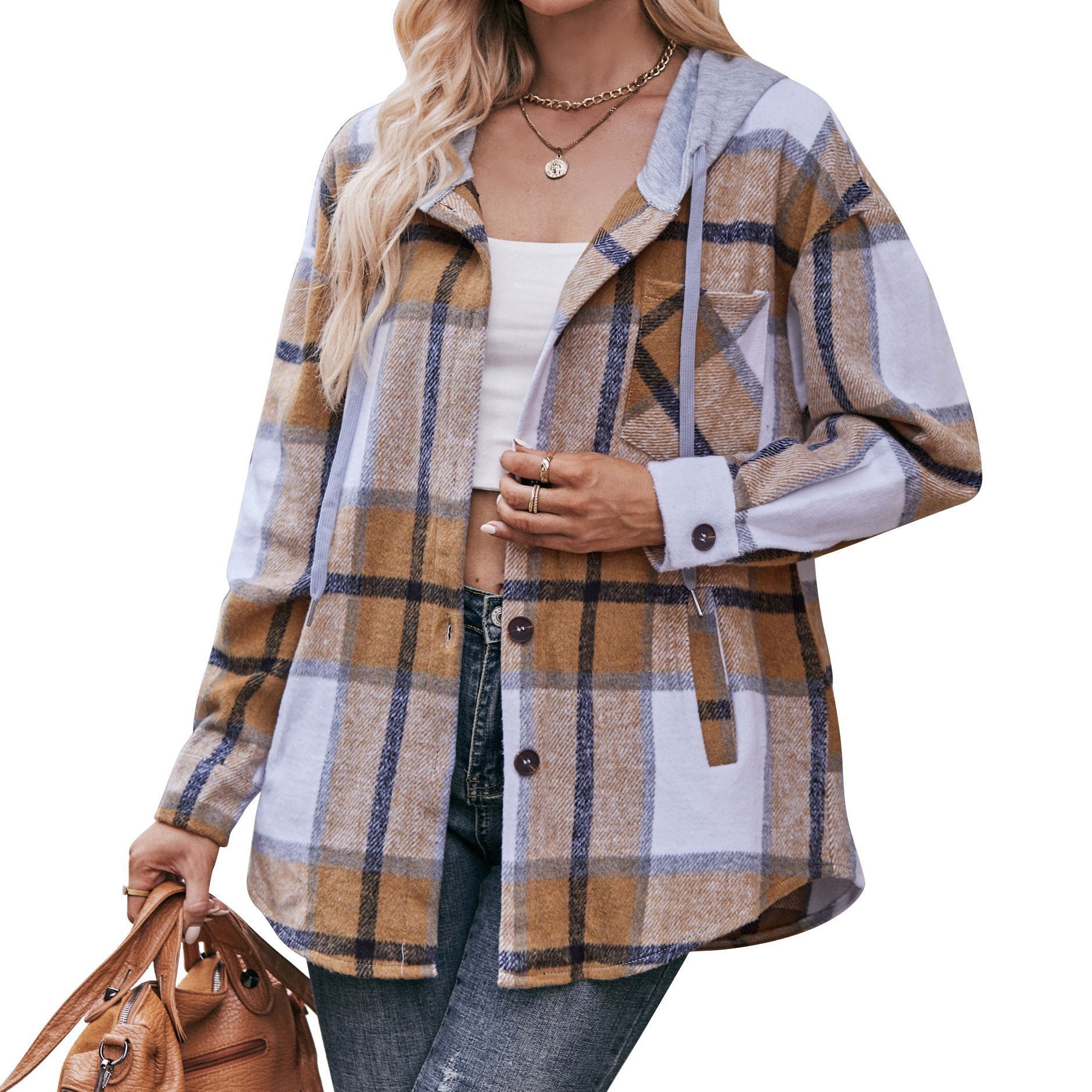 Women's Hooded Plaid Mid-Length Shirt Jacket Casual Loose Fit