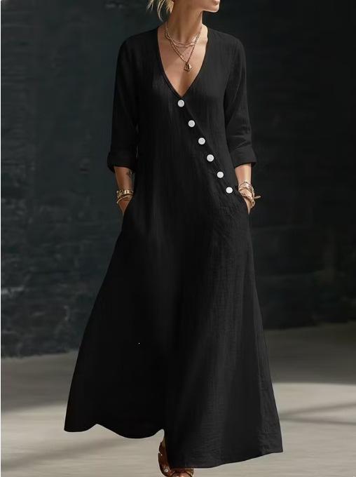 Women's V-Neck Button-Front A-Line Maxi Dress
