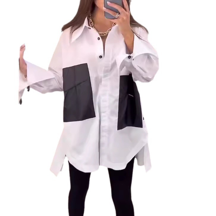 Women's Colorblock Button-Up Loose Fit Top with Lapel Collar