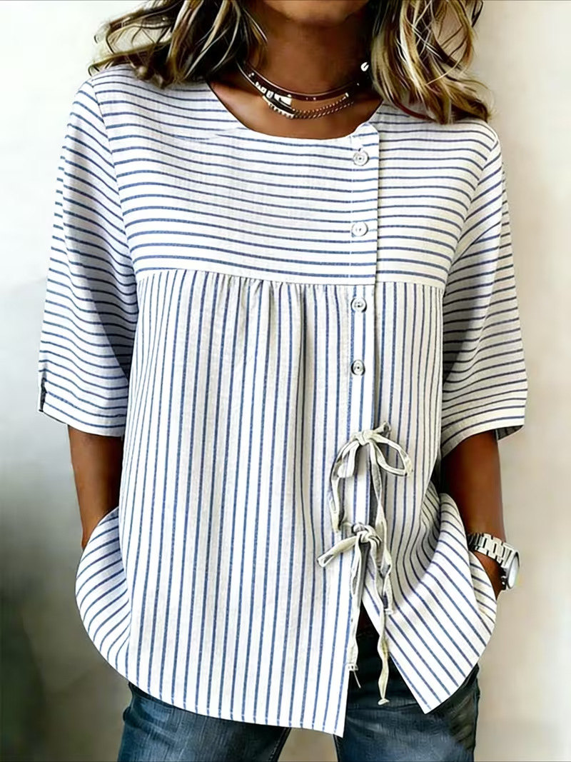 Women's Printed Tie-Neck Midi-Sleeve Blouse