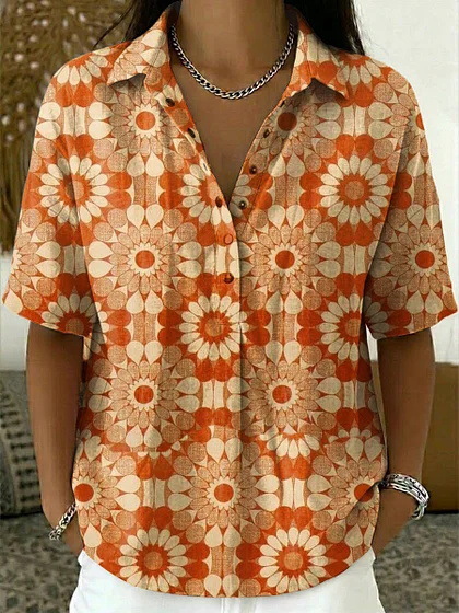 Women's Solid Print Short Sleeve Button-Front Shirt