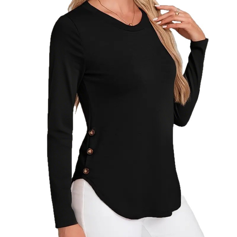 Women's Long Sleeve Crewneck Curved Hem T-Shirt