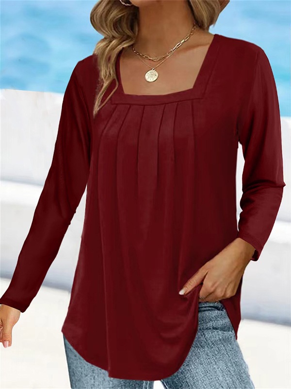Women's Ruched Square Neck Long Sleeve Cotton-Blend T-Shirt