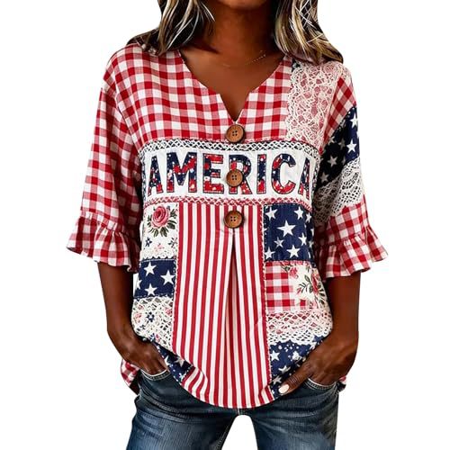 Women's American Flag Print Short Sleeve Button-Up Shirt