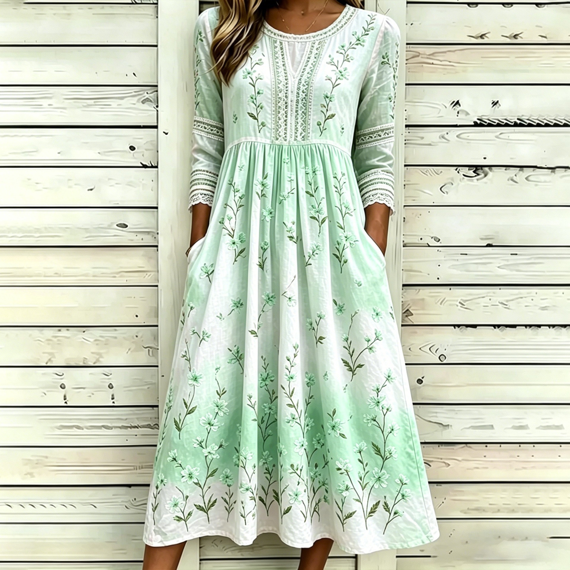 Women's Leaf Floral Butterfly Print Pleated Midi Dress