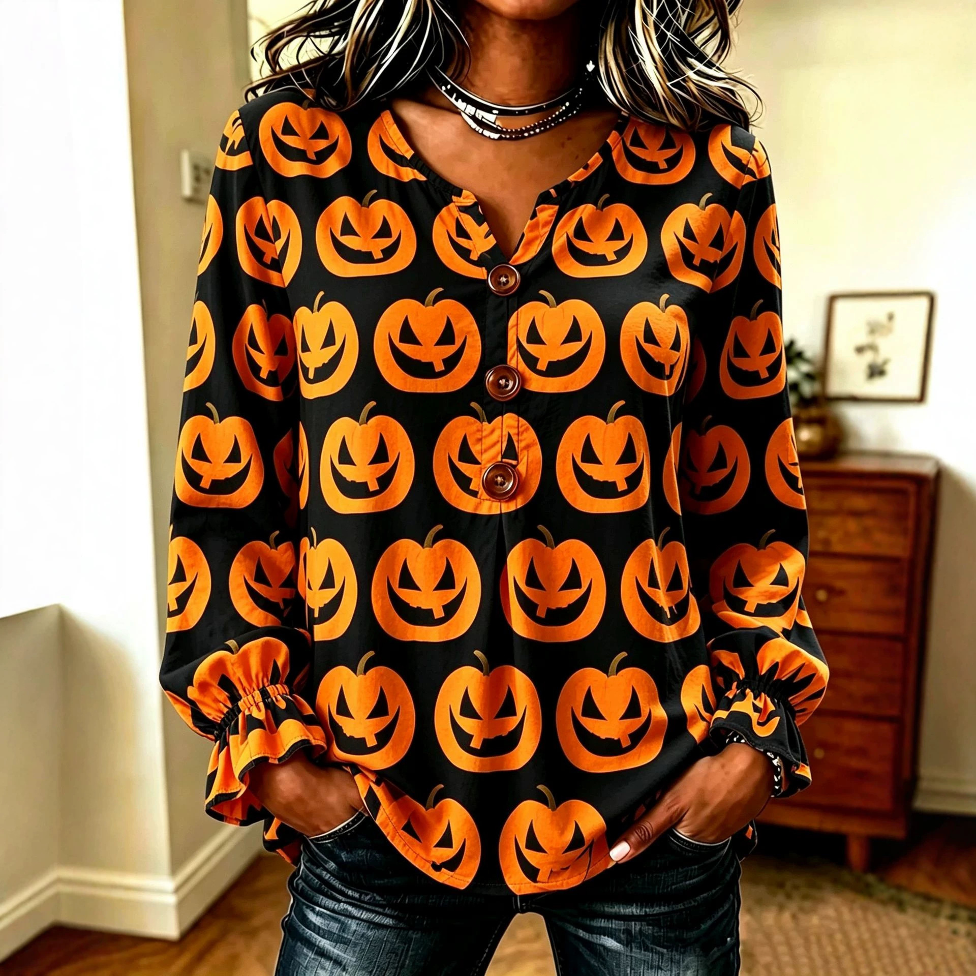 Women's Halloween Pumpkin Print Button Long Sleeve Shirt