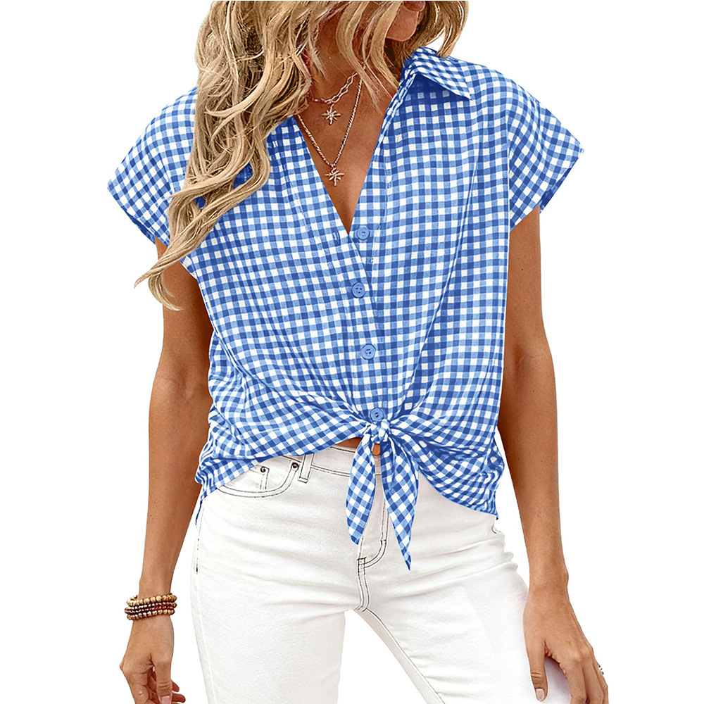 Women's Casual Button-Front Plaid Short-Sleeve Shirt