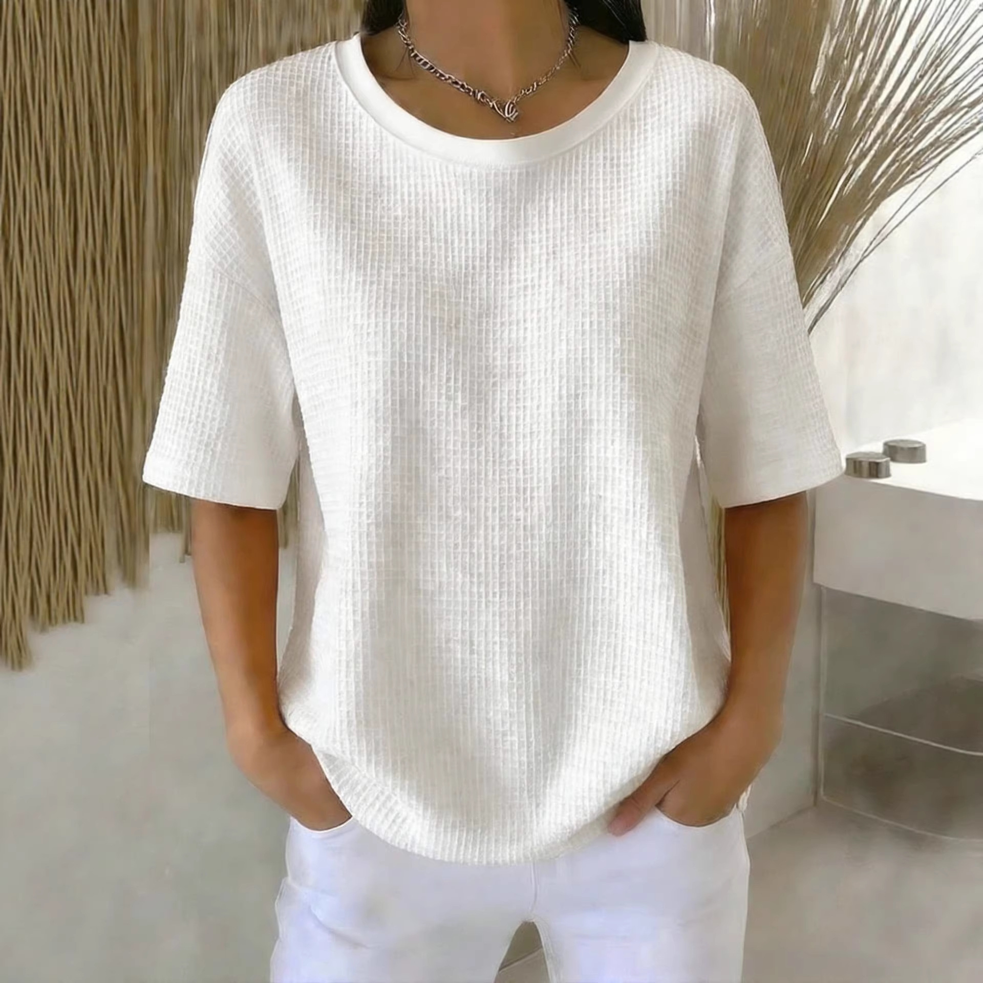 Women's Summer Waffle Knit Crewneck Short Sleeve Top