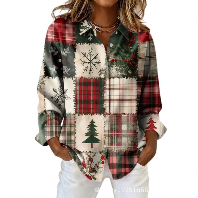 Women's Plaid Floral Print Long Sleeve Button-Up Shirt