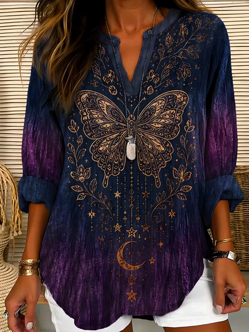 Sun Moon Butterfly Dragonfly Print V-Neck Long Sleeve Women's T-Shirt