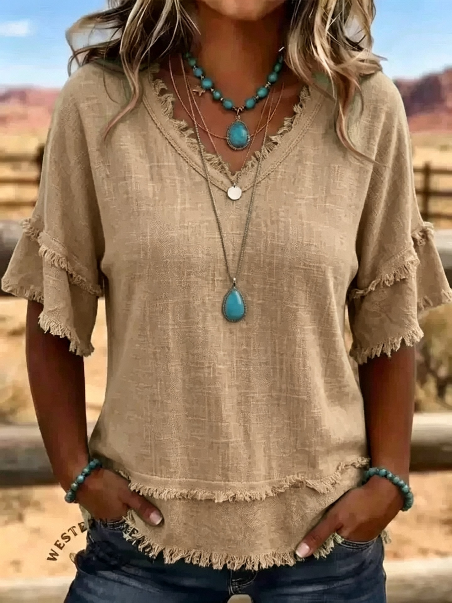 Women's Loose V-Neck Fringe Short-Sleeve Solid Casual Top