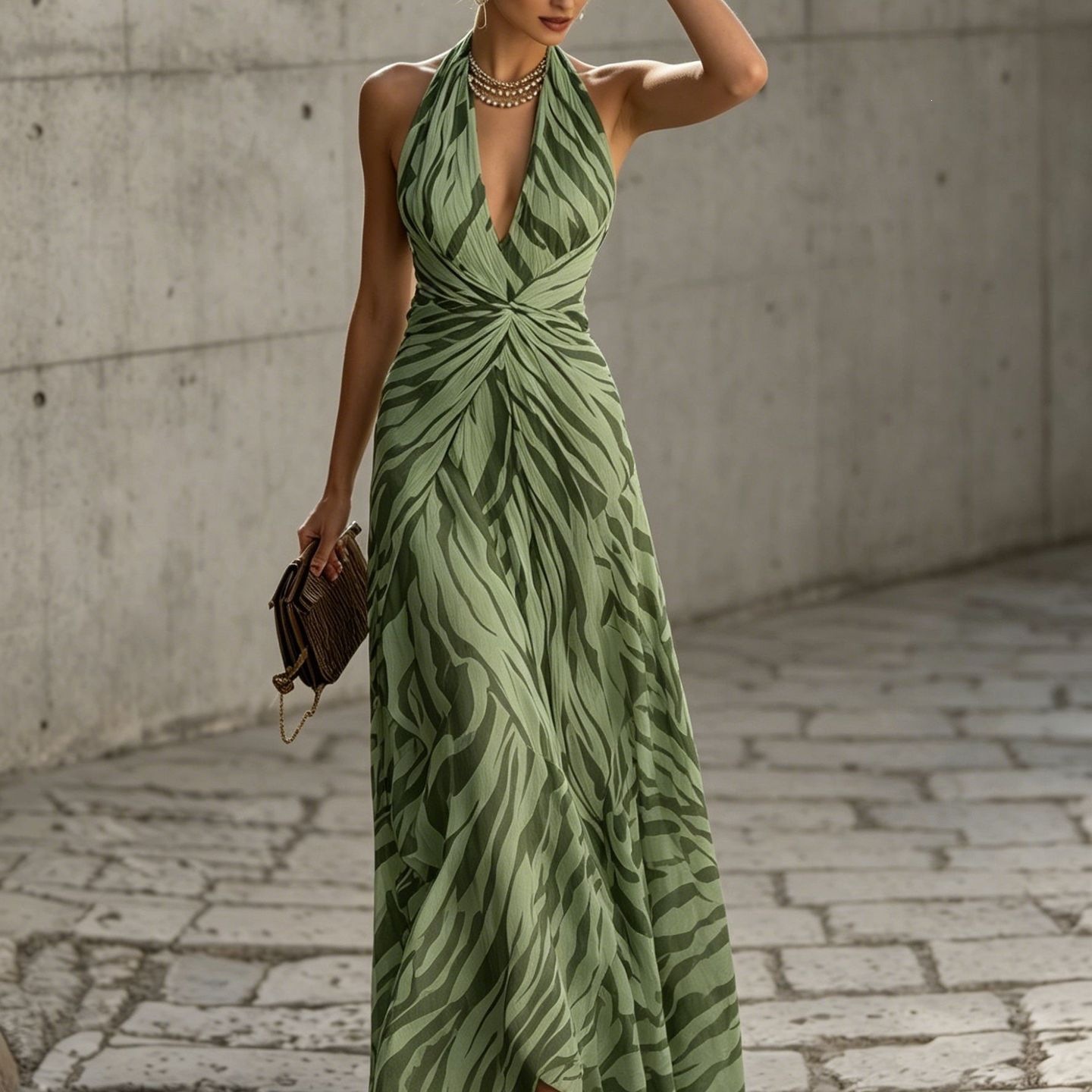 Women's Halter Neck Ruched Long Dress Slimming Elegant Summer