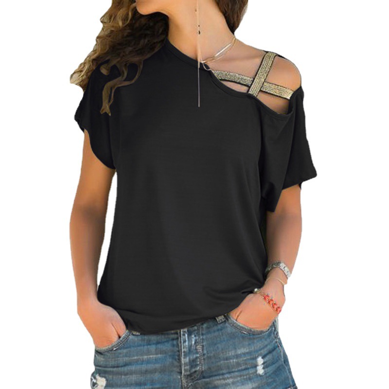 Women's One-Shoulder Sequin Cross Milk Silk Short-Sleeve T-Shirt Casual