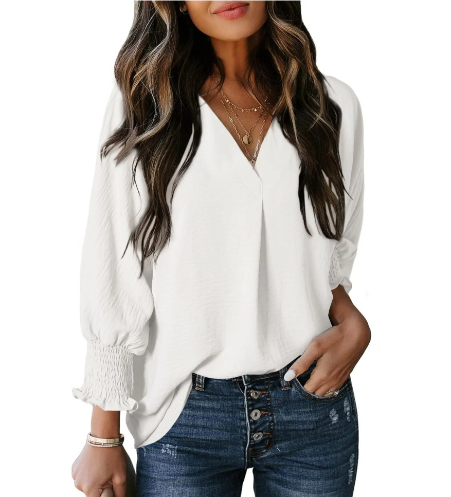 Women's V-Neck Long Sleeve Loose Blouse Top