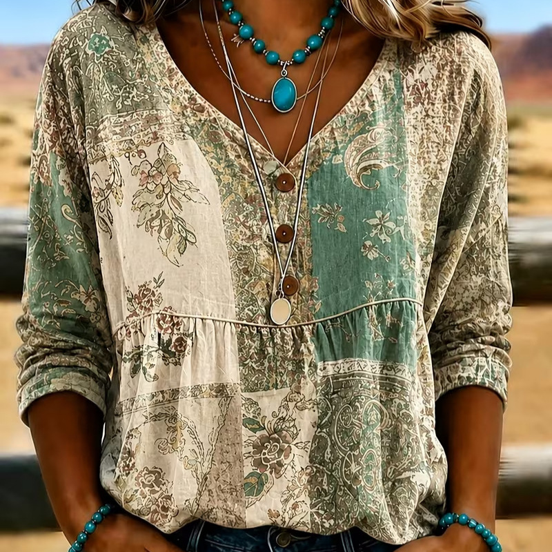 Women's Vintage Tribal Floral Print Long Sleeve Button V-Neck Blouse